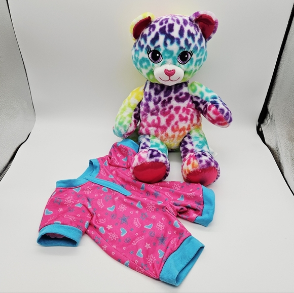 BAB BUILD-A-BEAR | rainbow cheetah leopard print cat stuffed animal with pajamas - Picture 2 of 10